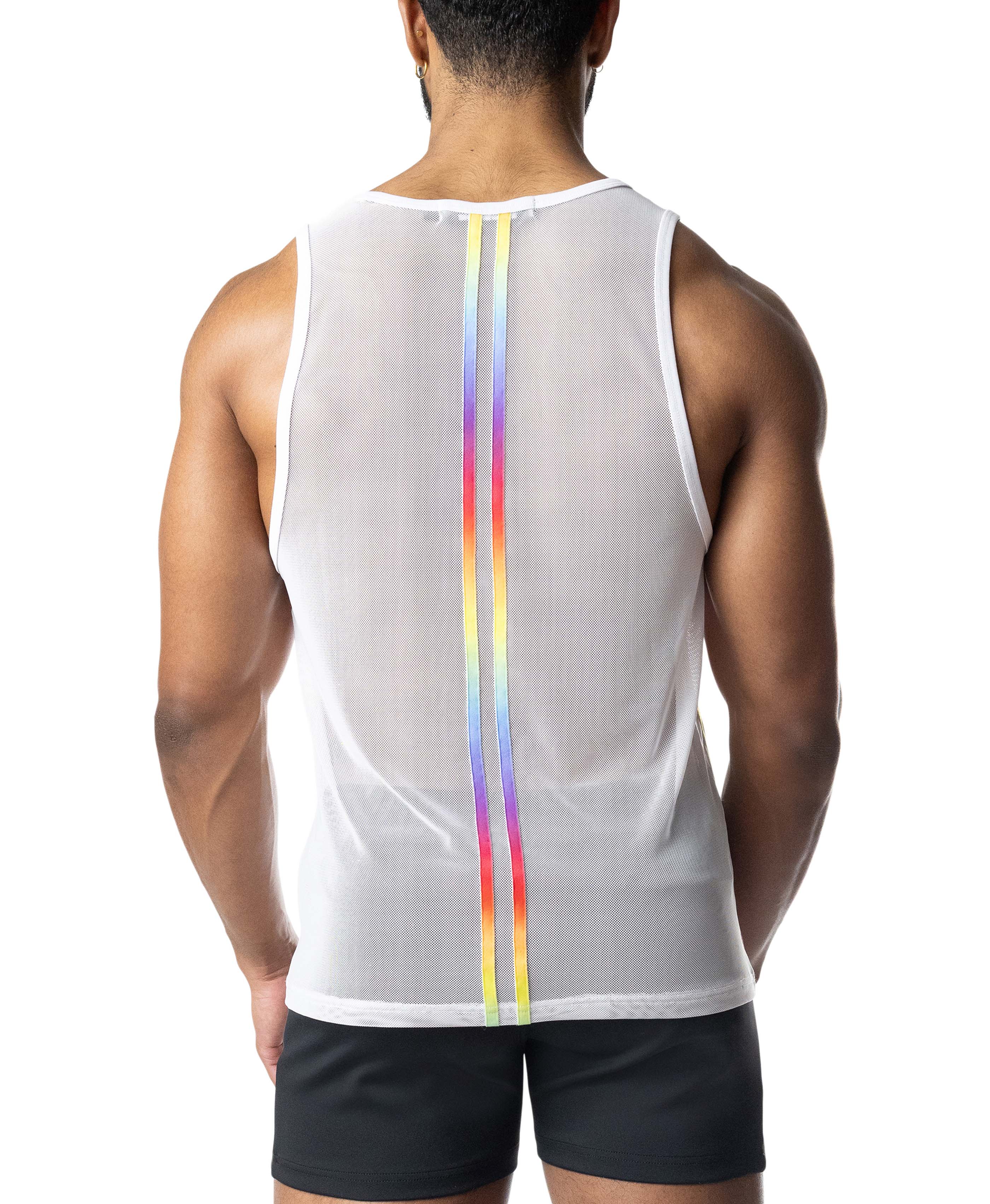 Person wearing a white tank top with rainbow stripes on the back against a white background