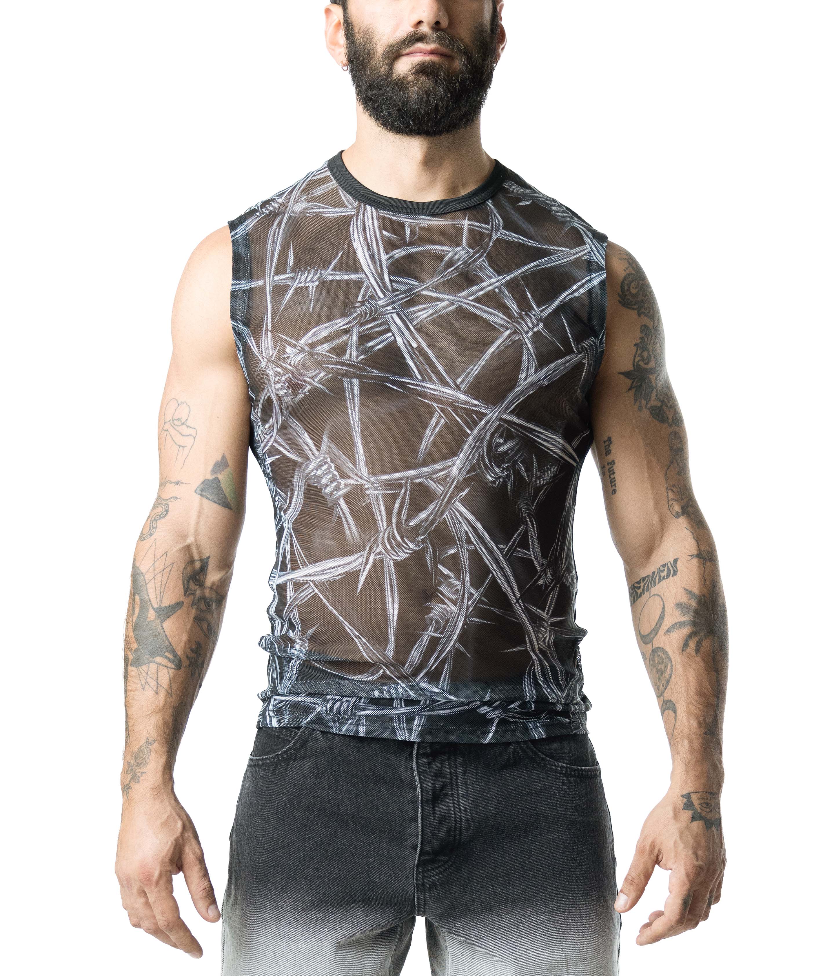Barbed Wire Sleeveless Shirt - Black