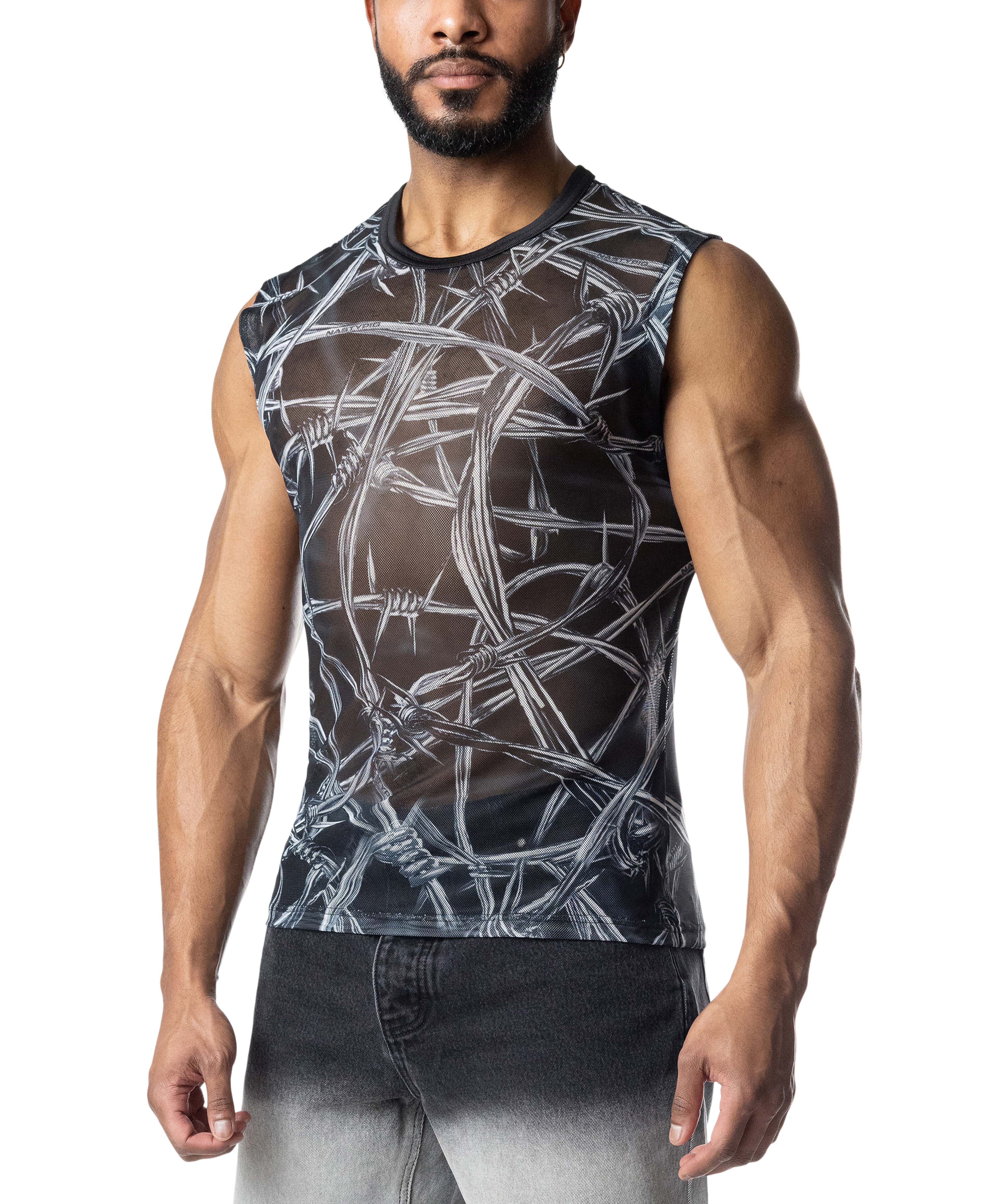 Barbed Wire Sleeveless Shirt - Black