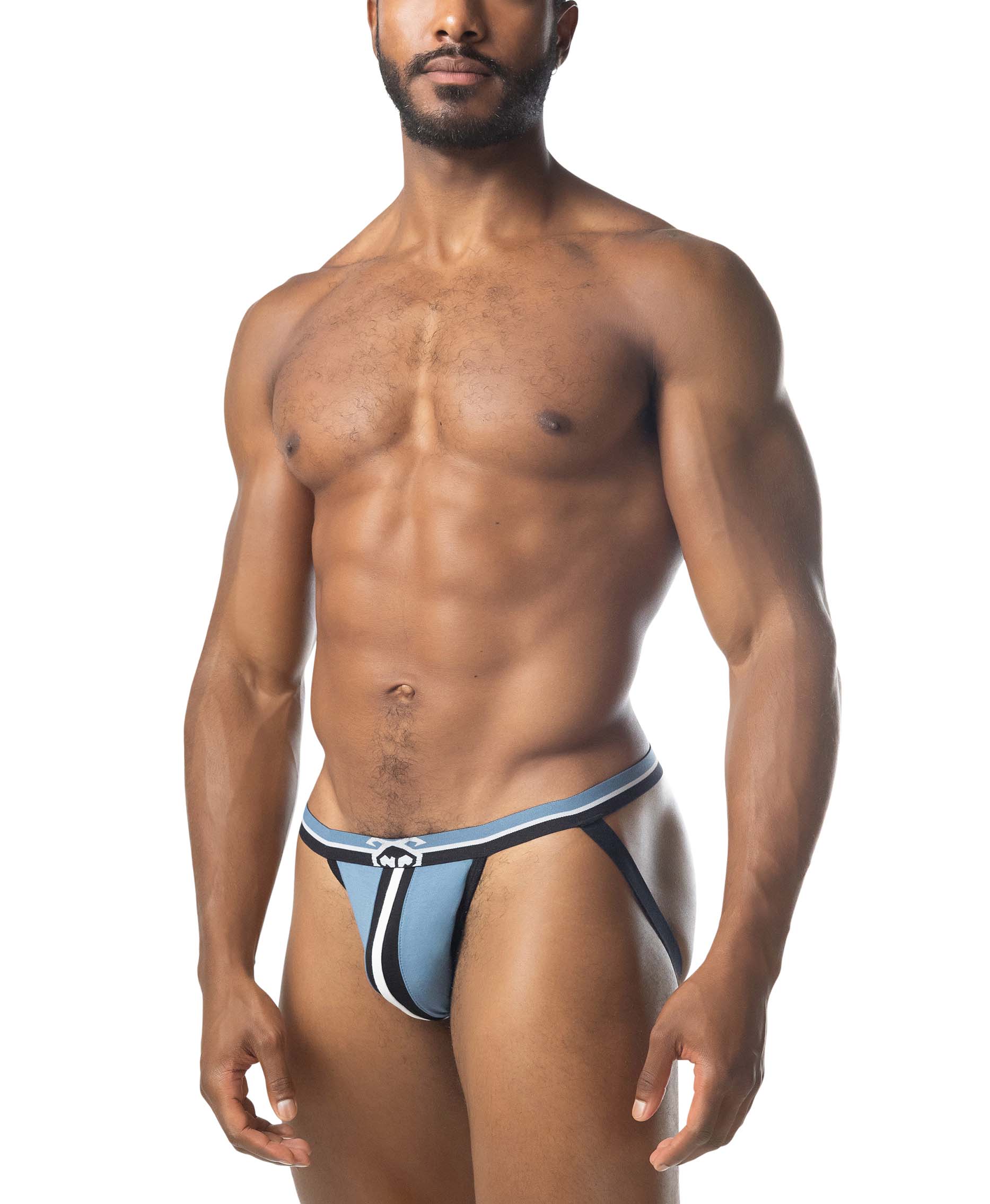 Man wearing a blue and white men's underwear on a white background