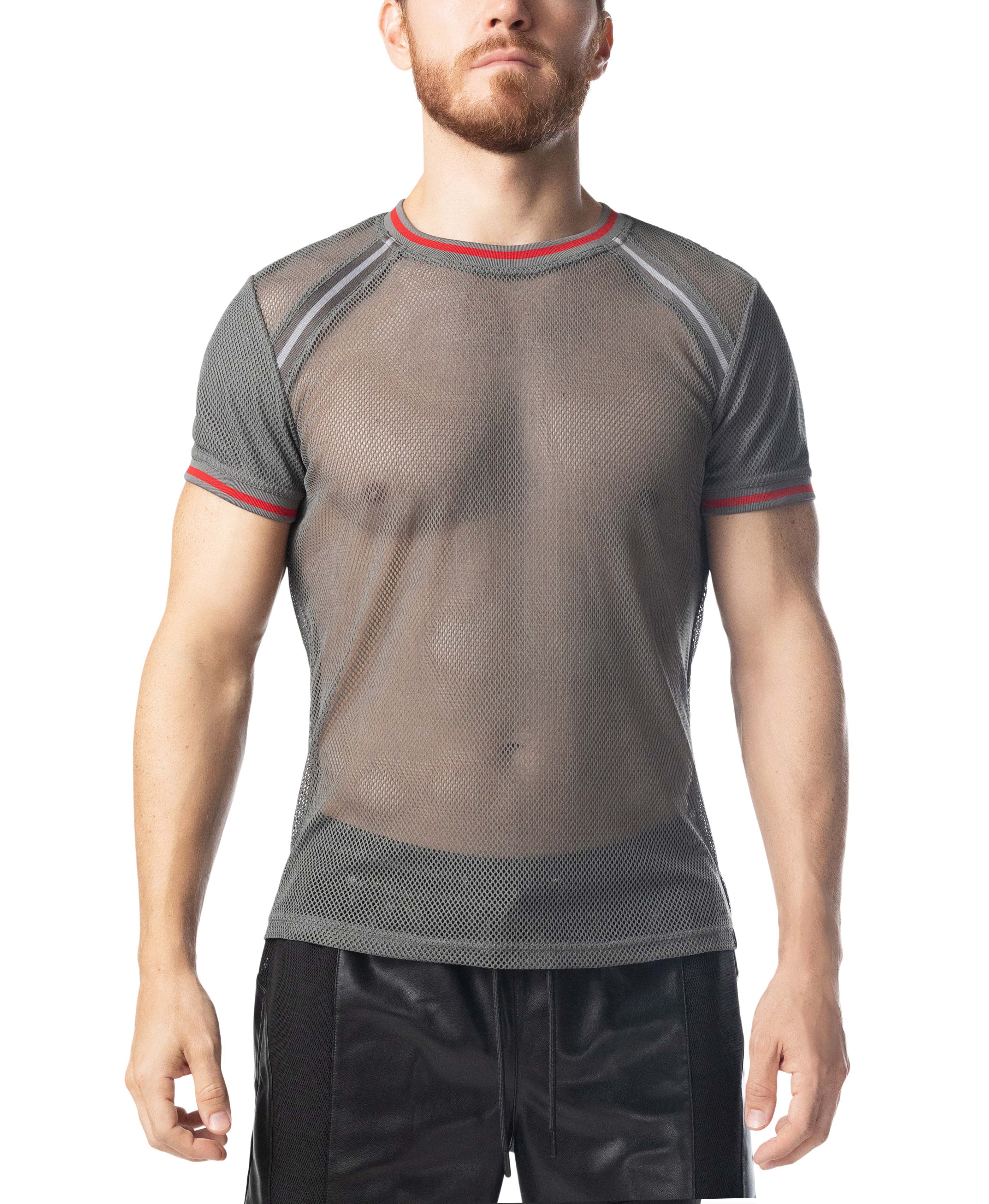 Man wearing a gray mesh athletic shirt with red accents on a white background