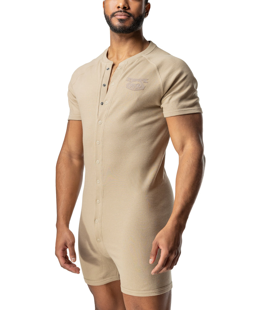 Corner view of Union Suit Cutoffs in Pale Khaki