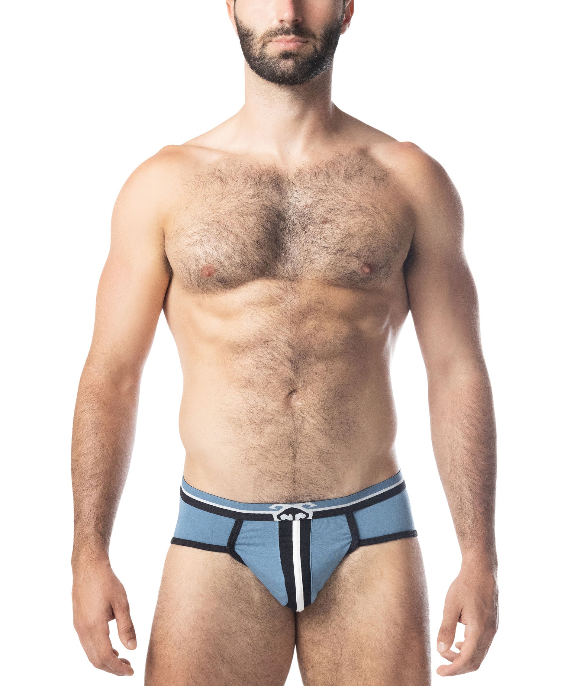 Man wearing a blue men's underwear with a white background