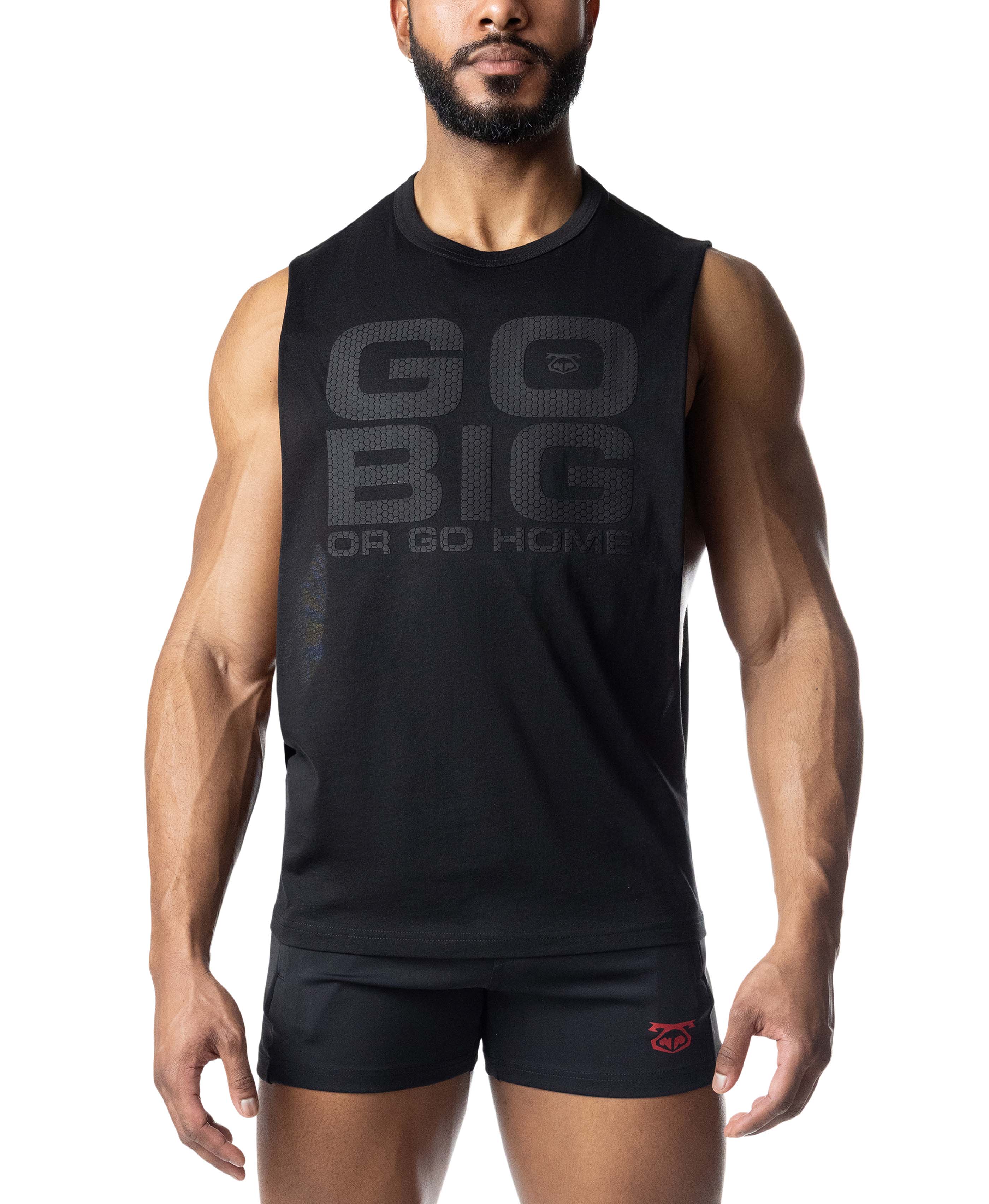 Man wearing a black sleeveless shirt with 'GO BIG OR GO HOME' text on a white background