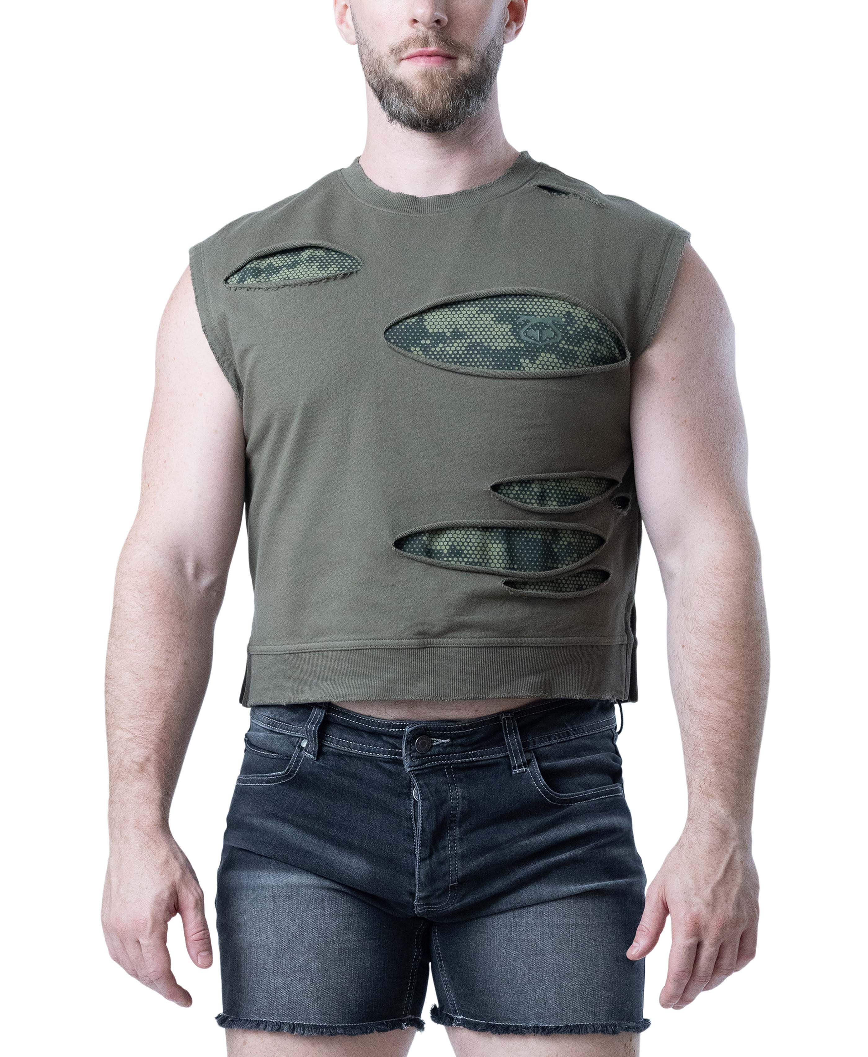 Shred Sleeveless Crop Top - Olive Green