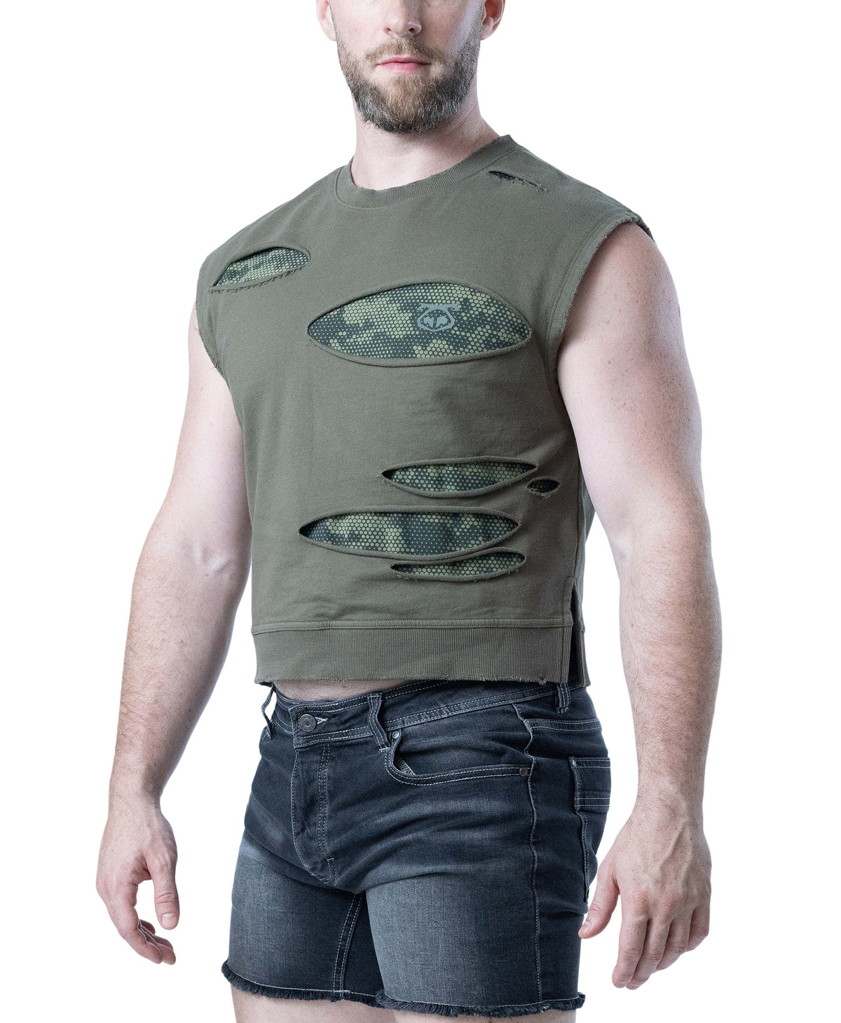 Shred Sleeveless Crop Top - Olive Green