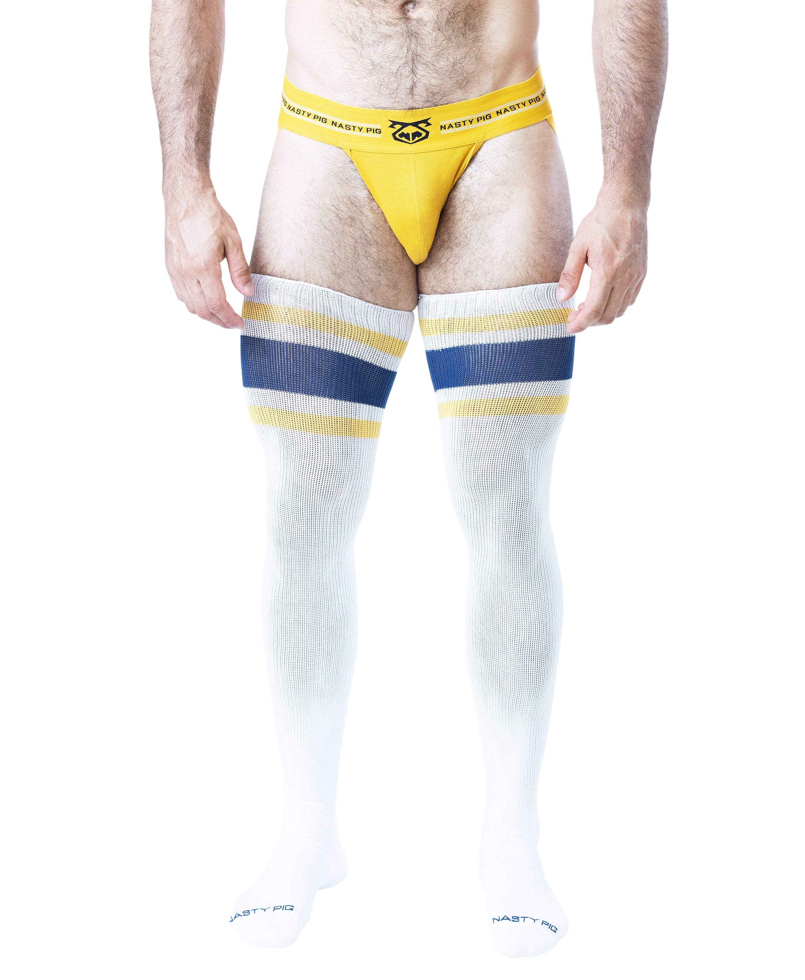 Hook'd Up Thigh High Sock - White/Cadet Blue/Goldenrod