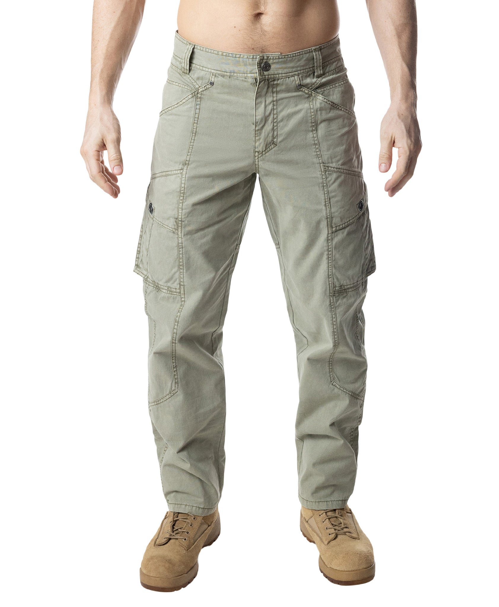 Light Sage Green cargo pants worn by a person on a white background